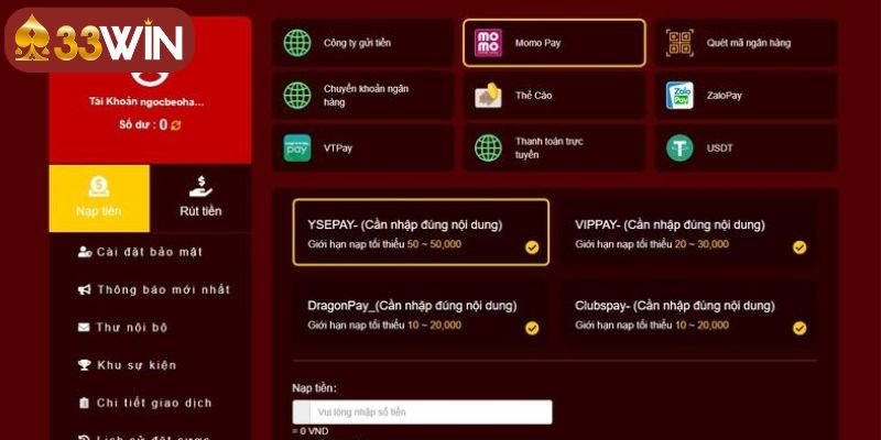 Nạp tiền 33WIN bằng ví Momo